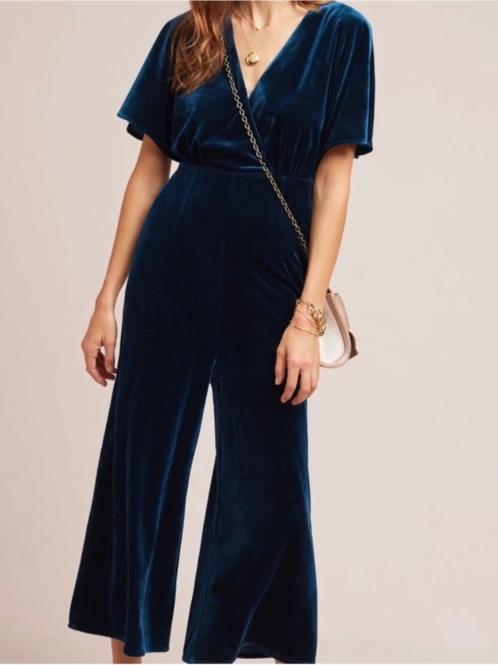 Greylin Teal Velvet Cropped Wide Leg Jumpsuit Holiday Anthro